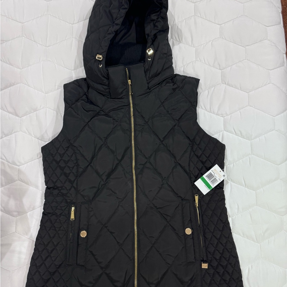 Quilted Hooded Black Puffer Vest with Gold Hardware